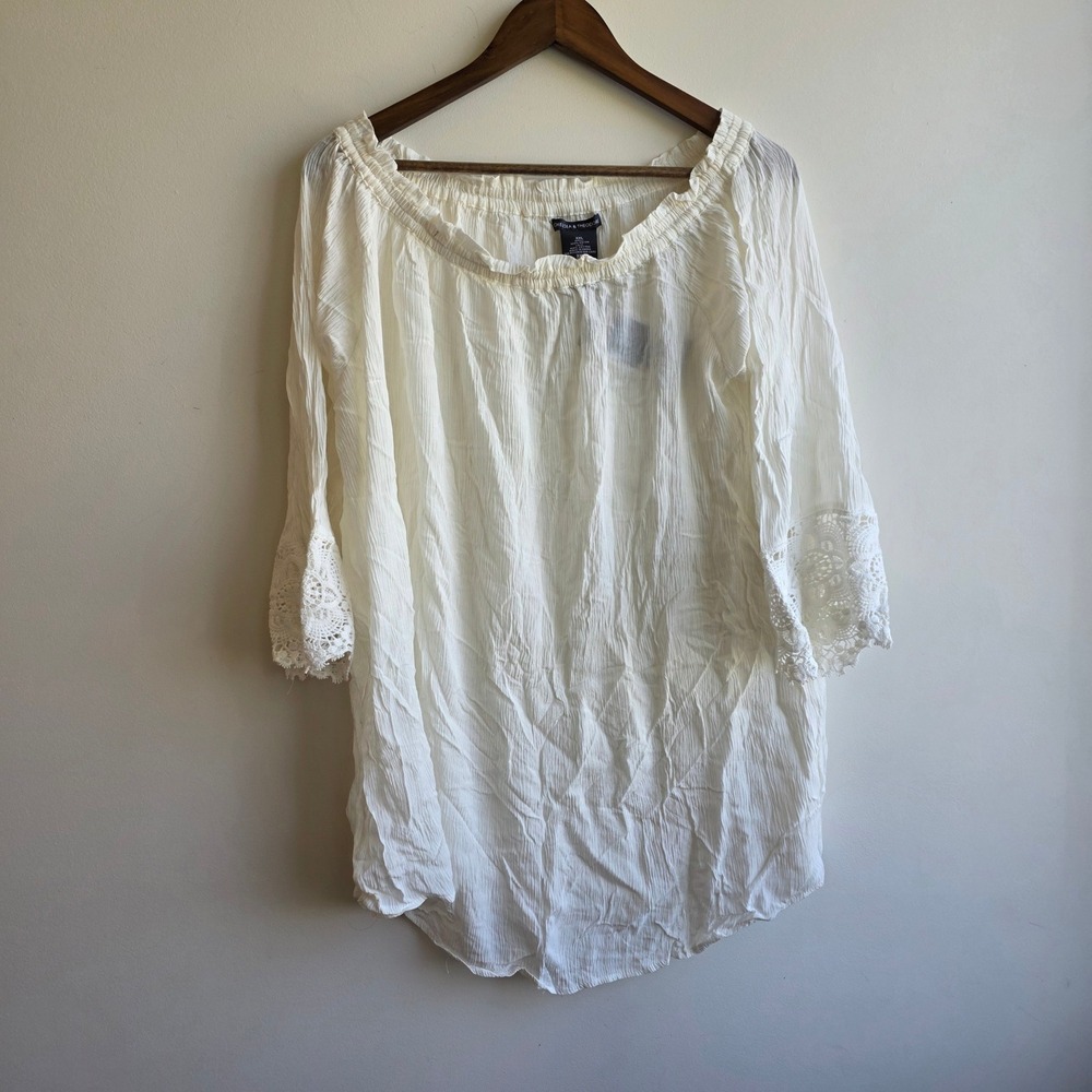 Chelsea & Theodore White Gauze Summer Top XXL Lace Crochet Off Shoulder Feminine